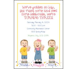 Triplets Cartoon Kids-3 B&G Birthday Invitation