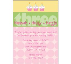 Any Age Cupcakes Girl Triplets Birthday Invitation