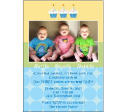 Cupcakes Boy Triplets Photo Birthday Invitation