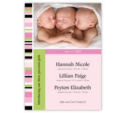 Candy Stripe Triplet Girls Photo Birth Announcement