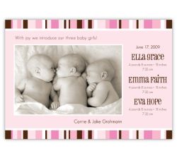 Pretty In Pink Stripes Triplets Birth Announcement