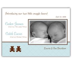Bears on Quilt Twin Boys Photo Birth Announcement