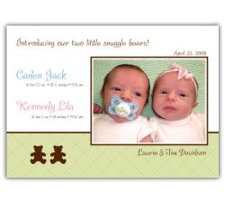 Bears on Quilt Girl-Boy Twins Photo Birth Announcement