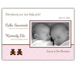 Bears on Quilt Twin Girls Photo Birth Announcement