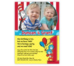 Cat in the Hat and Thing 1 & Thing 2 Twins Photo Birthday Invitation