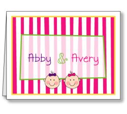 Baby Faces on Stripes Twin Girls Thank You Note Card
